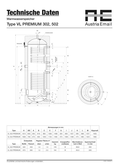 Technische-Details-Austria-Email-VL302 Austria Email VLA 302 Solar Warmwasserspeicher Premium,Solarspeicher Technische Daten