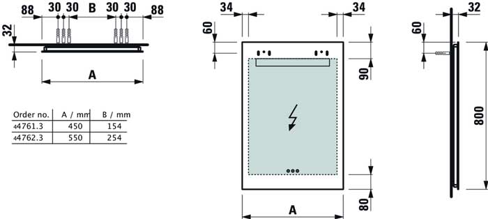Laufen-Leelo-Spiegel-4761-3-und-4762 Laufen Leelo Spiegel  450 mm mit Led mit 3 Touch Sensoren mit Abmessungen