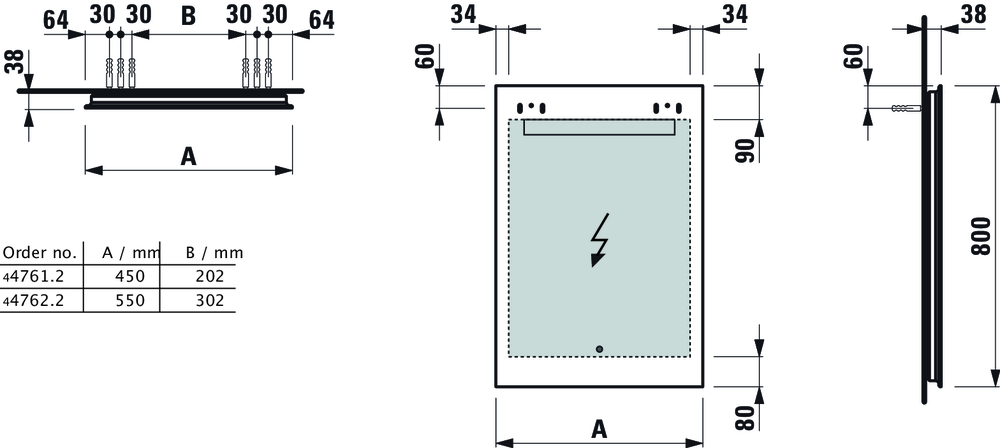 Laufen-Leelo-4761-2-und-4762-2-Abmessungen Laufen Leelo Spiegel  450 mm - 550 mm mit Led mit Touch-Sensor mit Abmessungen