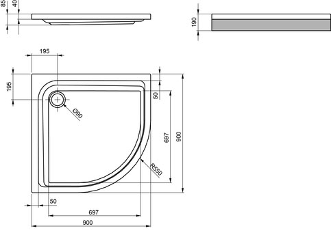 Brausetasse-One-rund-900X900X65-M Viertelkreisbrausetasse One superflach