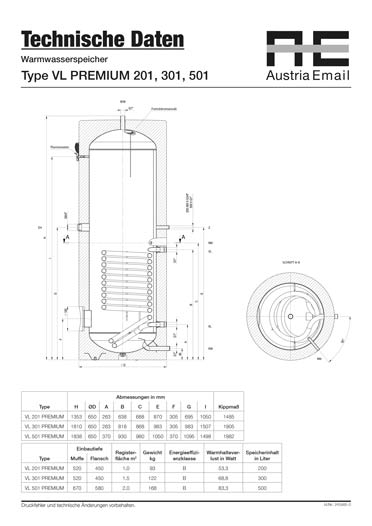 Technische-Daten-Austria-Email-VLA301 Austria Email VLA 301 Warmwasserspeicher Premium Technische Daten