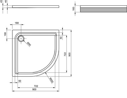 Brausetasse-One-rund-900X900X25M Viertelkreisbrausetasse 900 One extraflach
